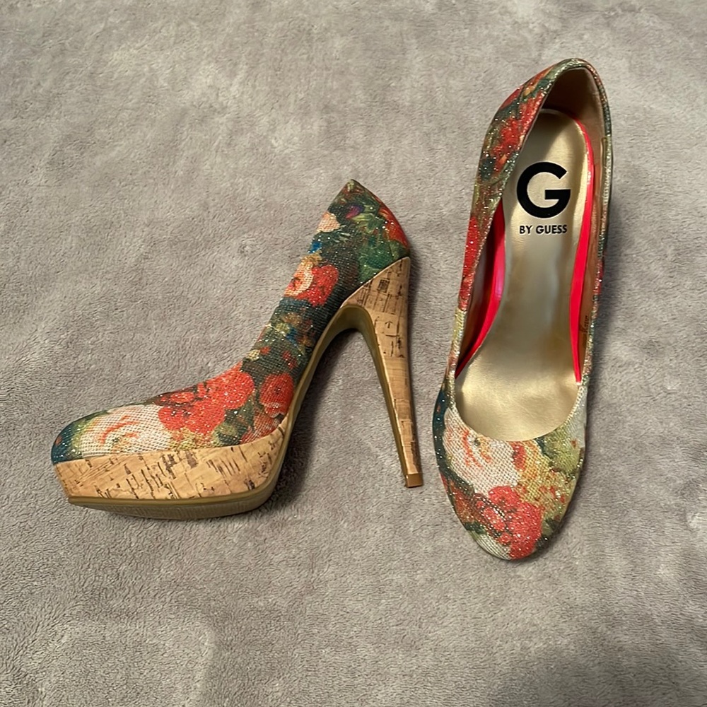 Shimmery, multicolored cork heels, size 7